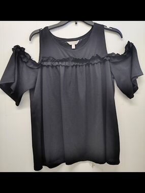 LC Conrad Black Cold-Shoulder Ruffle Blouse Size L
